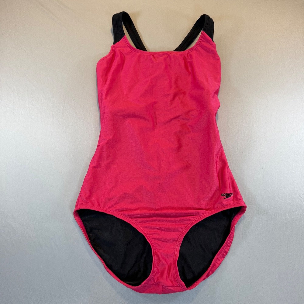 Speedo Womens Pink Black Racerback One Piece Swimsuit Powerflex 14 Athletic